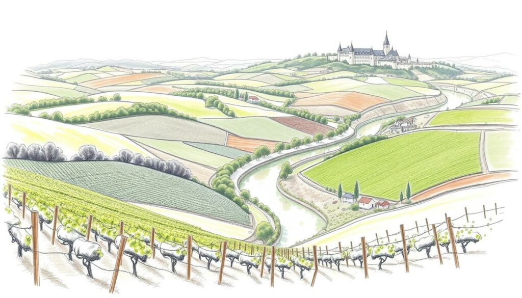 A verdant landscape of rolling hills, dotted with grapevines and punctuated by the winding Nahe River. The diverse soils, from mineral-rich slate to iron-rich red clay, create a patchwork of textures and tones. Sunlight dapples the scene, casting soft shadows and highlighting the unique character of each vineyard. In the distance, historic villages and medieval castles peer out from the verdant tapestry, creating a timeless, enchanting atmosphere. Pencil sketches in shades of black and white, with occasional pops of color accentuating the natural beauty of this picturesque Weinregion. A verdant landscape of rolling hills, dotted with grapevines and punctuated by the winding Nahe River. The diverse soils, from mineral-rich slate to iron-rich red clay, create a patchwork of textures and tones. Sunlight dapples the scene, casting soft shadows and highlighting the unique character of each vineyard. In the distance, historic villages and medieval castles peer out from the verdant tapestry, creating a timeless, enchanting atmosphere. Pencil sketches in shades of black and white, with occasional pops of color accentuating the natural beauty of this picturesque Weinregion.