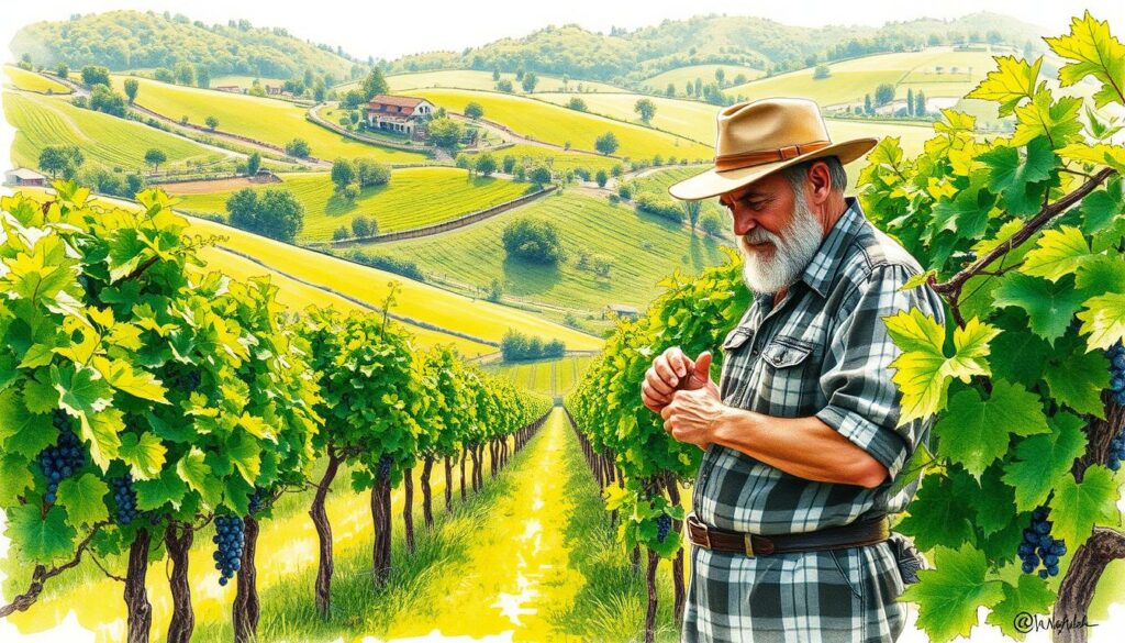 A verdant vineyard nestled in rolling hills, its lush canopy casting gentle shadows. Vines twist and wind, their leaves rustling in the breeze. In the foreground, a weathered winemaker tends to the grapes, his calloused hands delicately pruning the vines. The scene is bathed in a soft, golden light, punctuated by hints of vibrant color - a splash of green, a dash of purple. The atmosphere is one of quiet diligence, a celebration of the harmonious relationship between man and nature. The image conveys the essence of sustainable winemaking, where tradition and innovation coexist in perfect balance. A verdant vineyard nestled in rolling hills, its lush canopy casting gentle shadows. Vines twist and wind, their leaves rustling in the breeze. In the foreground, a weathered winemaker tends to the grapes, his calloused hands delicately pruning the vines. The scene is bathed in a soft, golden light, punctuated by hints of vibrant color - a splash of green, a dash of purple. The atmosphere is one of quiet diligence, a celebration of the harmonious relationship between man and nature. The image conveys the essence of sustainable winemaking, where tradition and innovation coexist in perfect balance.