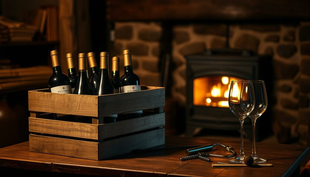 A warm, cozy wine delivery scene set in a rustic, dimly lit room. In the foreground, a wooden crate filled with bottles of Kylie Minogue's signature wine sits on a weathered table, its labels gleaming invitingly. In the middle ground, a stylish wine glass and a corkscrew rest nearby, hinting at the pleasures of uncorking and savoring the wine. The background features a small fireplace, casting a soft, ambient glow that imbues the scene with a sense of comfort and indulgence. The overall atmosphere evokes the simple yet luxurious joy of enjoying a glass of premium wine in the privacy of one's own home. A warm, cozy wine delivery scene set in a rustic, dimly lit room. In the foreground, a wooden crate filled with bottles of Kylie Minogue's signature wine sits on a weathered table, its labels gleaming invitingly. In the middle ground, a stylish wine glass and a corkscrew rest nearby, hinting at the pleasures of uncorking and savoring the wine. The background features a small fireplace, casting a soft, ambient glow that imbues the scene with a sense of comfort and indulgence. The overall atmosphere evokes the simple yet luxurious joy of enjoying a glass of premium wine in the privacy of one's own home.