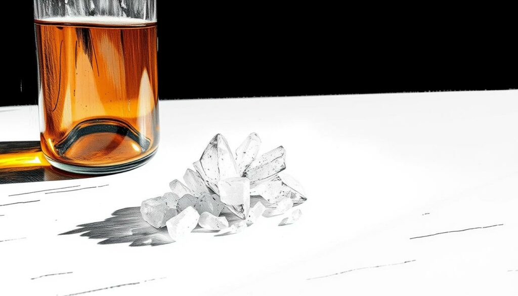 A weathered glass bottle filled with a vibrant, amber-hued liquid, casting soft shadows on a crisp, white table. Beside it, a cluster of glistening, semi-transparent sulfur crystals, their jagged edges catching the muted, natural light. The scene is captured in a high-contrast, black-and-white illustration, punctuated by subtle, earthy tones that add depth and dimension. The overall atmosphere conveys a sense of rustic simplicity, inviting the viewer to explore the nuances and misconceptions surrounding the role of sulfur in natural winemaking. A weathered glass bottle filled with a vibrant, amber-hued liquid, casting soft shadows on a crisp, white table. Beside it, a cluster of glistening, semi-transparent sulfur crystals, their jagged edges catching the muted, natural light. The scene is captured in a high-contrast, black-and-white illustration, punctuated by subtle, earthy tones that add depth and dimension. The overall atmosphere conveys a sense of rustic simplicity, inviting the viewer to explore the nuances and misconceptions surrounding the role of sulfur in natural winemaking.