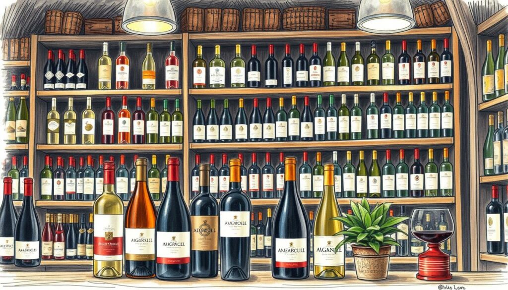 A well-stocked wine shop, shelves brimming with an array of alcoholic and non-alcoholic wine bottles, each label showcasing its contents. Soft lighting casts a warm glow, highlighting the textures of the glass and the subtle hues of the labels. In the foreground, a selection of alcohol-free wines takes center stage, their sleek, minimalist designs complementing the rustic aesthetic of the shop. Accents of color, perhaps a vibrant label or a potted plant, add depth and visual interest to the scene. The overall atmosphere conveys a sense of quality, expertise, and a diverse selection of options for the discerning non-alcoholic wine enthusiast. A well-stocked wine shop, shelves brimming with an array of alcoholic and non-alcoholic wine bottles, each label showcasing its contents. Soft lighting casts a warm glow, highlighting the textures of the glass and the subtle hues of the labels. In the foreground, a selection of alcohol-free wines takes center stage, their sleek, minimalist designs complementing the rustic aesthetic of the shop. Accents of color, perhaps a vibrant label or a potted plant, add depth and visual interest to the scene. The overall atmosphere conveys a sense of quality, expertise, and a diverse selection of options for the discerning non-alcoholic wine enthusiast.