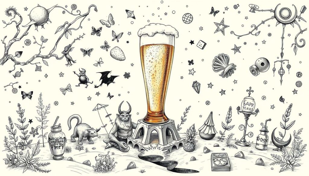 A whimsical illustration of the "Konterbier Mythos" - a legendary drink said to prevent hangovers. The scene depicts a fantastical landscape, with a towering glass of beer as the central focus. Surrounding it, intricate line drawings of mythical creatures, herbs, and alchemical symbols create an otherworldly, mystical atmosphere. The lighting is soft and diffuse, casting subtle shadows that add depth and dimension. The overall aesthetic is a harmonious blend of black and white tones, with strategic pops of color - perhaps a golden fizz in the beer or a vibrant green leaf. The resulting image captures the enigmatic, folkloric nature of this purported "hangover cure", inviting the viewer to ponder its elusive powers. A whimsical illustration of the "Konterbier Mythos" - a legendary drink said to prevent hangovers. The scene depicts a fantastical landscape, with a towering glass of beer as the central focus. Surrounding it, intricate line drawings of mythical creatures, herbs, and alchemical symbols create an otherworldly, mystical atmosphere. The lighting is soft and diffuse, casting subtle shadows that add depth and dimension. The overall aesthetic is a harmonious blend of black and white tones, with strategic pops of color - perhaps a golden fizz in the beer or a vibrant green leaf. The resulting image captures the enigmatic, folkloric nature of this purported "hangover cure", inviting the viewer to ponder its elusive powers.