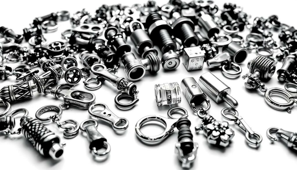 An assortment of intricate jewelry clasps, hooks, and fasteners in a minimalist black and white palette, with hints of color accentuating their unique designs. The foreground showcases various metal and beaded clasps, each with distinctive patterns and textures, arranged in a visually compelling composition. The middle ground features an array of screw-top and glass bottle-style closures, their forms and finishes creating a cohesive yet diverse display. The background subtly suggests a plain, neutral surface, allowing the focus to remain on the specialized hardware and its potential applications in DIY jewelry and accessory crafting. An assortment of intricate jewelry clasps, hooks, and fasteners in a minimalist black and white palette, with hints of color accentuating their unique designs. The foreground showcases various metal and beaded clasps, each with distinctive patterns and textures, arranged in a visually compelling composition. The middle ground features an array of screw-top and glass bottle-style closures, their forms and finishes creating a cohesive yet diverse display. The background subtly suggests a plain, neutral surface, allowing the focus to remain on the specialized hardware and its potential applications in DIY jewelry and accessory crafting.