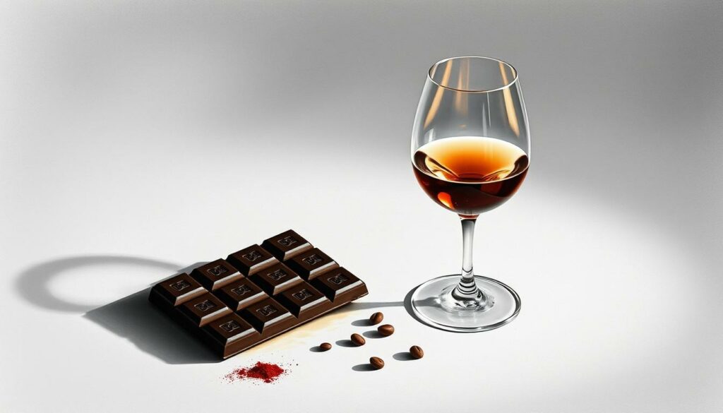 Elegant still life showcasing a refined pairing of rich, dark chocolate and a delicate dessert wine. The chocolate bar's intricate pattern casts abstract shadows, while the wine glass reflects the warm glow of the ambient lighting. Muted tones of gray, with pops of deep burgundy and warm amber, create a sophisticated, contemplative atmosphere. Crisp focus draws the viewer's eye to the interplay of textures and the intermingling of flavors. A minimalist, artfully composed scene that evokes the idea of an indulgent, sensory experience. Elegant still life showcasing a refined pairing of rich, dark chocolate and a delicate dessert wine. The chocolate bar's intricate pattern casts abstract shadows, while the wine glass reflects the warm glow of the ambient lighting. Muted tones of gray, with pops of deep burgundy and warm amber, create a sophisticated, contemplative atmosphere. Crisp focus draws the viewer's eye to the interplay of textures and the intermingling of flavors. A minimalist, artfully composed scene that evokes the idea of an indulgent, sensory experience.
