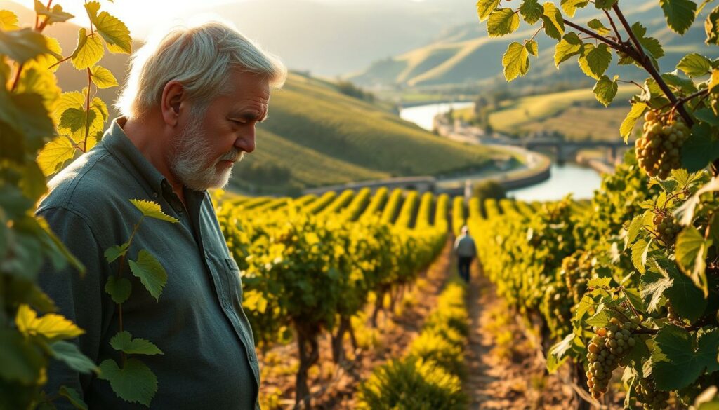 Günther Jauch, the renowned German TV personality, standing in his lush, rolling vineyard, surrounded by verdant vines and the warmth of the golden afternoon sun. His weathered face reflects the hard-won wisdom of a lifelong winemaker, as he intently examines the grapes, contemplating their perfect ripeness. In the middle ground, workers carefully tend to the vines, their movements choreographed in a timeless dance of tradition. In the distance, the picturesque Mosel River winds through the undulating landscape, its calm waters mirroring the tranquil atmosphere. The scene exudes a sense of serene, rustic elegance, capturing the essence of Günther Jauch's deeply personal connection to the land and his passion for the craft of winemaking. Günther Jauch, the renowned German TV personality, standing in his lush, rolling vineyard, surrounded by verdant vines and the warmth of the golden afternoon sun. His weathered face reflects the hard-won wisdom of a lifelong winemaker, as he intently examines the grapes, contemplating their perfect ripeness. In the middle ground, workers carefully tend to the vines, their movements choreographed in a timeless dance of tradition. In the distance, the picturesque Mosel River winds through the undulating landscape, its calm waters mirroring the tranquil atmosphere. The scene exudes a sense of serene, rustic elegance, capturing the essence of Günther Jauch's deeply personal connection to the land and his passion for the craft of winemaking.