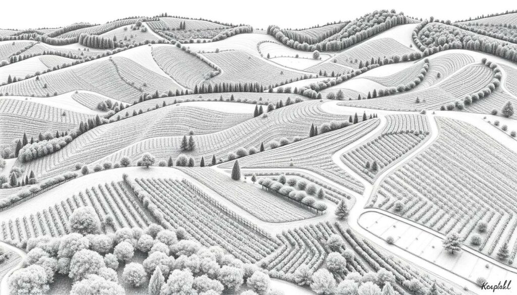 Lush, verdant vineyards gently sloping across the Weinviertel and Kamptal regions, their intricate terroir patterns unfurling in a captivating monochromatic dance. Delicate pencil strokes delineate the distinct microclimates, soil compositions, and elevation changes that shape the character of Grüner Veltliner. Vibrant splashes of color highlight the unique signatures of each appellation, from the mineral-driven elegance of Kamptal to the peppery, refreshing profiles of Weinviertel. A symphony of light and shadow, this illustration invites the viewer to explore the nuanced tapestry that defines Austria's celebrated white wine heritage. Lush, verdant vineyards gently sloping across the Weinviertel and Kamptal regions, their intricate terroir patterns unfurling in a captivating monochromatic dance. Delicate pencil strokes delineate the distinct microclimates, soil compositions, and elevation changes that shape the character of Grüner Veltliner. Vibrant splashes of color highlight the unique signatures of each appellation, from the mineral-driven elegance of Kamptal to the peppery, refreshing profiles of Weinviertel. A symphony of light and shadow, this illustration invites the viewer to explore the nuanced tapestry that defines Austria's celebrated white wine heritage.