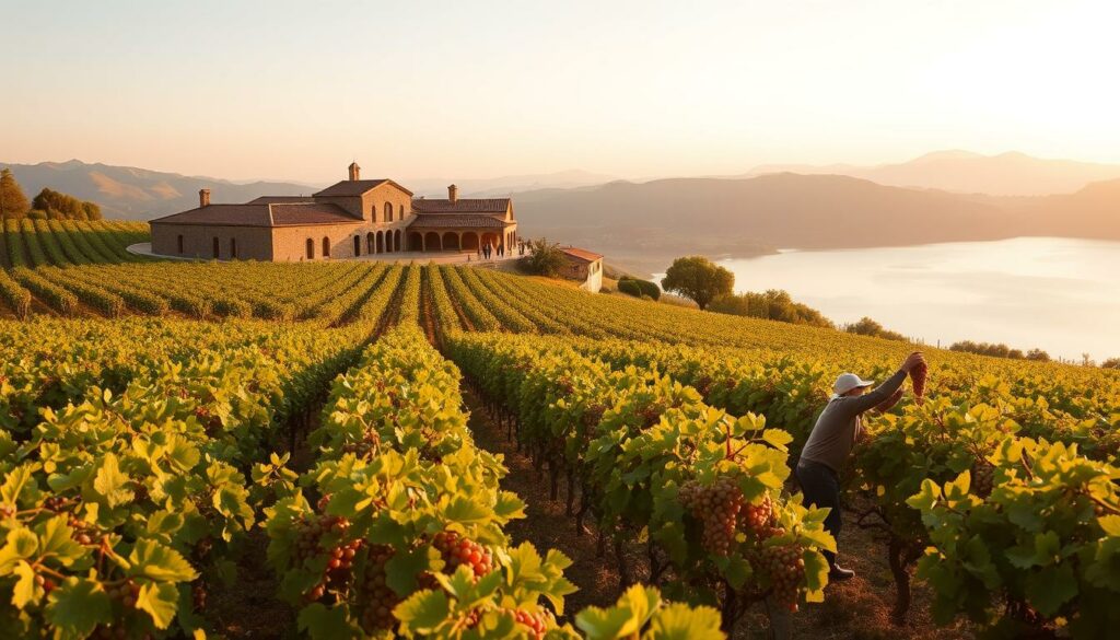 Miraval Rosé wine production: A serene vineyard scene in golden afternoon light, featuring rows of lush, vibrant grape vines stretching across gently rolling hills. In the foreground, workers carefully harvest plump, ripe clusters of grapes, their movements precise and purposeful. The middle ground reveals an elegant, rustic winery, its stone walls and terracotta roof tiles glowing warmly. In the distance, a tranquil lake reflects the soft, pastel sky, creating a sense of peaceful harmony. The overall mood is one of artisanal craft, natural beauty, and the culmination of a thoughtful winemaking process. Miraval Rosé wine production: A serene vineyard scene in golden afternoon light, featuring rows of lush, vibrant grape vines stretching across gently rolling hills. In the foreground, workers carefully harvest plump, ripe clusters of grapes, their movements precise and purposeful. The middle ground reveals an elegant, rustic winery, its stone walls and terracotta roof tiles glowing warmly. In the distance, a tranquil lake reflects the soft, pastel sky, creating a sense of peaceful harmony. The overall mood is one of artisanal craft, natural beauty, and the culmination of a thoughtful winemaking process.