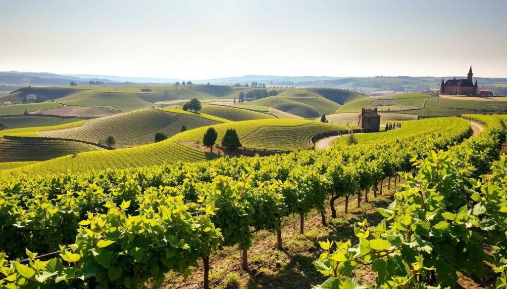 Riesling Terroir Schieferböden: A breathtaking landscape of rolling hills, crisscrossed by intricate networks of slate-rich soil. Sunlight glints off the shimmering slate, casting a warm, ethereal glow across the verdant vines. In the foreground, lush, vibrant Riesling grapes sway gently in a cool breeze, their clusters heavy with the promise of a exceptional vintage. Surrounding the vineyards, ancient stone walls and winding paths lead the eye to a distant horizon, where a historic winery nestles among the undulating terrain. This timeless scene exudes a sense of tradition, passion, and the unwavering connection between land, climate, and the art of winemaking that has defined this renowned region for generations. Riesling Terroir Schieferböden: A breathtaking landscape of rolling hills, crisscrossed by intricate networks of slate-rich soil. Sunlight glints off the shimmering slate, casting a warm, ethereal glow across the verdant vines. In the foreground, lush, vibrant Riesling grapes sway gently in a cool breeze, their clusters heavy with the promise of a exceptional vintage. Surrounding the vineyards, ancient stone walls and winding paths lead the eye to a distant horizon, where a historic winery nestles among the undulating terrain. This timeless scene exudes a sense of tradition, passion, and the unwavering connection between land, climate, and the art of winemaking that has defined this renowned region for generations.