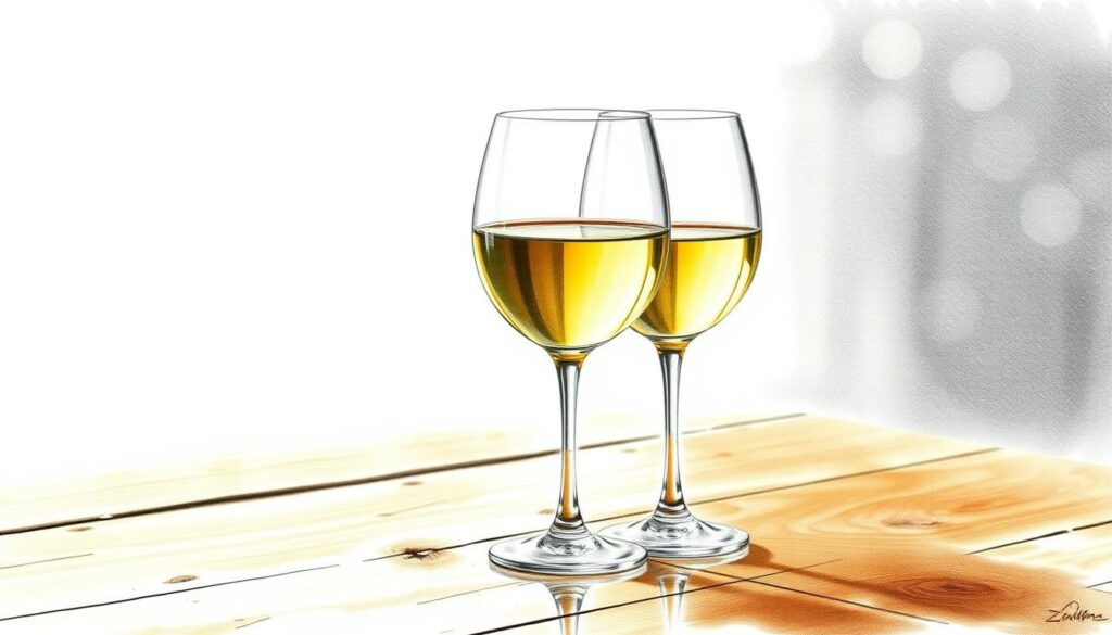 Riesling trocken und edelsüß: a pair of delicate Mosel wine glasses filled with golden nectar, catching the soft natural light. Pencil-sketch style with subtle splashes of color - green-gold hues for the dry Riesling, deeper amber tones for the sweet. The glasses sit atop a rustic wooden table, their reflections mirrored in the polished surface. A sense of refined elegance, inviting the viewer to savor the unique flavors of this legendary German grape.