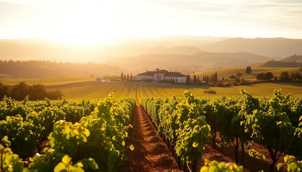 Sprawling vineyards bathed in warm, golden sunlight, framed by rolling hills and lush greenery. At the center, the stately Coppola Winery, its Mediterranean-inspired architecture gleaming. In the foreground, rows of healthy vines, their leaves rustling in a gentle breeze. The scene conveys a sense of harmony and sustainability, reflecting the winery's commitment to environmentally-conscious viticulture. Diverse flora and fauna populate the landscape, hinting at the rich biodiversity nurtured by the winery's practices. Soft shadows and highlights add depth and dimension, captured through the lens of a high-quality camera. An aura of tranquility and craftsmanship pervades the image, inviting the viewer to immerse themselves in the Coppola winemaking experience. Sprawling vineyards bathed in warm, golden sunlight, framed by rolling hills and lush greenery. At the center, the stately Coppola Winery, its Mediterranean-inspired architecture gleaming. In the foreground, rows of healthy vines, their leaves rustling in a gentle breeze. The scene conveys a sense of harmony and sustainability, reflecting the winery's commitment to environmentally-conscious viticulture. Diverse flora and fauna populate the landscape, hinting at the rich biodiversity nurtured by the winery's practices. Soft shadows and highlights add depth and dimension, captured through the lens of a high-quality camera. An aura of tranquility and craftsmanship pervades the image, inviting the viewer to immerse themselves in the Coppola winemaking experience.