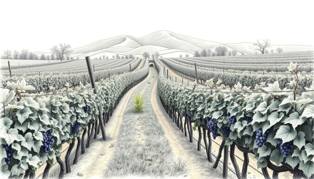 Sustainable viticulture with fungus-resistant grape varieties, showcasing a lush vineyard landscape in a soft, monochromatic palette with selective color accents. In the foreground, row upon row of carefully tended vines, their leaves and tendrils rendered in intricate detail. The middle ground reveals a winding dirt path leading through the vines, with the occasional pop of vibrant green foliage or deep purple grape clusters. Towering in the background, a gently rolling hillside, its contours delineated by subtle shifts in shading. The overall scene conveys a sense of harmony between nature and cultivation, a balanced ecosystem where sustainable practices thrive.