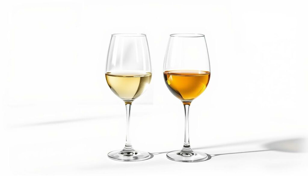Two elegant wine glasses, one filled with a clear, pale Chardonnay and the other with a deeper, golden-hued Chardonnay, stand side by side on a sleek, minimalist table. Soft, diffused lighting casts subtle shadows, highlighting the contrasting colors and textures of the wines. In the background, a simple, monochromatic backdrop in shades of black and white, with strategically placed splashes of color to draw the eye towards the focal point - the wine glasses. The composition conveys a sense of refinement, showcasing the distinct styles of Unoaked and Barrique Chardonnay in a clean, visually compelling manner. Two elegant wine glasses, one filled with a clear, pale Chardonnay and the other with a deeper, golden-hued Chardonnay, stand side by side on a sleek, minimalist table. Soft, diffused lighting casts subtle shadows, highlighting the contrasting colors and textures of the wines. In the background, a simple, monochromatic backdrop in shades of black and white, with strategically placed splashes of color to draw the eye towards the focal point - the wine glasses. The composition conveys a sense of refinement, showcasing the distinct styles of Unoaked and Barrique Chardonnay in a clean, visually compelling manner.