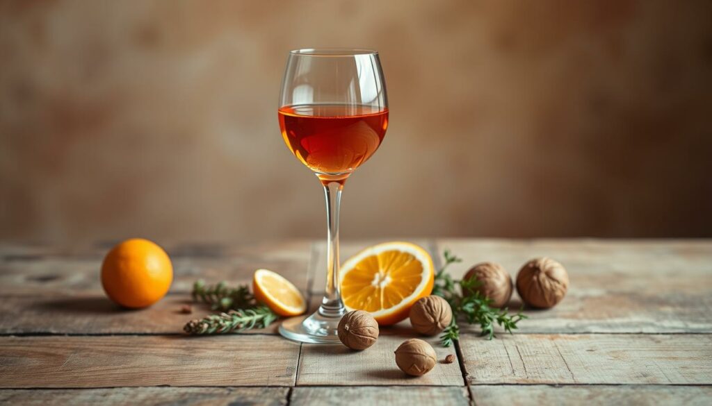 A beautifully crafted still life showcasing an orange wine "Geschmacksprobe" (tasting sample) set against a warm, earthy backdrop. In the foreground, a delicate crystal wine glass filled with the vibrant, amber-hued liquid reflects the gentle light. Surrounding the glass, an artful arrangement of natural elements - a sprig of fresh herbs, a slice of citrus fruit, and a few whole walnuts - adding depth and texture to the scene. The middle ground features a rustic wooden table, its weathered surface complementing the artisanal nature of the wine. In the background, a softly blurred, neutral-toned wall creates a calming, gallery-like atmosphere, allowing the tasting sample to take center stage. The overall mood is one of sophistication, tradition, and a appreciation for the unique character of Georgian orange wines. A beautifully crafted still life showcasing an orange wine "Geschmacksprobe" (tasting sample) set against a warm, earthy backdrop. In the foreground, a delicate crystal wine glass filled with the vibrant, amber-hued liquid reflects the gentle light. Surrounding the glass, an artful arrangement of natural elements - a sprig of fresh herbs, a slice of citrus fruit, and a few whole walnuts - adding depth and texture to the scene. The middle ground features a rustic wooden table, its weathered surface complementing the artisanal nature of the wine. In the background, a softly blurred, neutral-toned wall creates a calming, gallery-like atmosphere, allowing the tasting sample to take center stage. The overall mood is one of sophistication, tradition, and a appreciation for the unique character of Georgian orange wines.