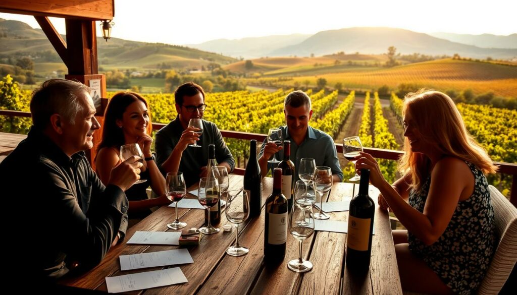 A cozy and intimate wine tasting experience in the heart of Mexico's Valle de Guadalupe. The scene depicts a group of friends gathered around a wooden table, sampling an array of local wines. Warm lighting casts a golden glow, creating a relaxed and convivial atmosphere. In the background, lush vineyards and rolling hills set the stage, hinting at the region's picturesque landscape. Bottles, glasses, and tasting notes are arranged artfully, inviting the viewer to join in the exploration of this emerging wine country. The overall composition captures the essence of a thoughtfully planned wine tasting, where the focus is on savoring the flavors and appreciating the unique terroir of the Valle de Guadalupe. A cozy and intimate wine tasting experience in the heart of Mexico's Valle de Guadalupe. The scene depicts a group of friends gathered around a wooden table, sampling an array of local wines. Warm lighting casts a golden glow, creating a relaxed and convivial atmosphere. In the background, lush vineyards and rolling hills set the stage, hinting at the region's picturesque landscape. Bottles, glasses, and tasting notes are arranged artfully, inviting the viewer to join in the exploration of this emerging wine country. The overall composition captures the essence of a thoughtfully planned wine tasting, where the focus is on savoring the flavors and appreciating the unique terroir of the Valle de Guadalupe.