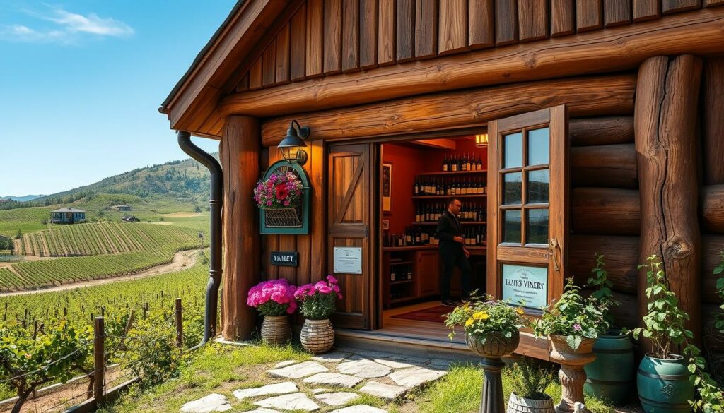 A cozy, intimate boutique winery nestled in the picturesque Caucasus mountains. The rustic wooden facade, adorned with vibrant flowers, beckons visitors to step inside. Through the open doors, glimpse artfully arranged bottles of hand-crafted wines, each label reflecting the unique character of the local terroir. Warm lighting casts a inviting glow, drawing the eye towards the small tasting room where a knowledgeable vintner pours samples for discerning patrons. Surrounding the building, lush vineyards stretch across rolling hills, their ancient vines reaching towards a clear blue sky. An atmosphere of authenticity and attention to detail permeates the scene, promising a truly memorable wine tasting experience for the discerning connoisseur. A cozy, intimate boutique winery nestled in the picturesque Caucasus mountains. The rustic wooden facade, adorned with vibrant flowers, beckons visitors to step inside. Through the open doors, glimpse artfully arranged bottles of hand-crafted wines, each label reflecting the unique character of the local terroir. Warm lighting casts a inviting glow, drawing the eye towards the small tasting room where a knowledgeable vintner pours samples for discerning patrons. Surrounding the building, lush vineyards stretch across rolling hills, their ancient vines reaching towards a clear blue sky. An atmosphere of authenticity and attention to detail permeates the scene, promising a truly memorable wine tasting experience for the discerning connoisseur.