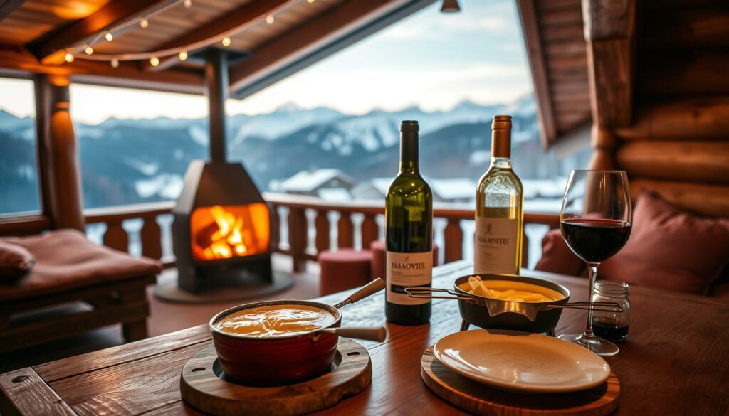 A cozy mountain chalet in the Savoie region of the French Alps. In the foreground, a wooden table is set with a traditional Savoyard cheese fondue, the melted cheese glistening in the soft, warm lighting. Beside it, a selection of local wines - a crisp white and a robust red - wait to be poured. In the middle ground, an open fireplace crackles, casting a gentle glow. The background features snow-capped peaks and a panoramic view of the rolling Savoyard countryside. The overall atmosphere is one of rustic elegance, inviting the viewer to indulge in the perfect pairing of Savoyer wine and fondue.