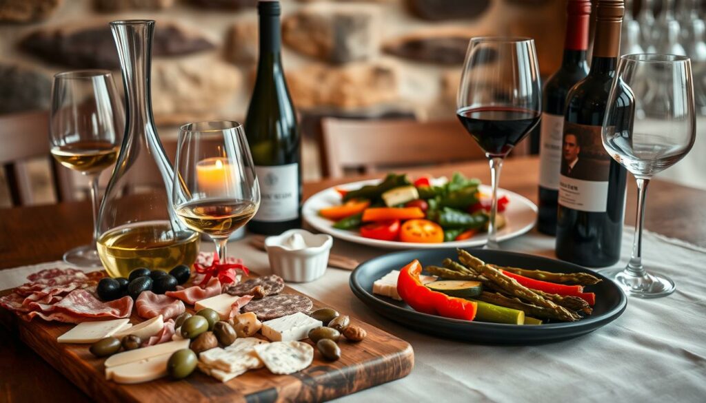 A cozy wine tasting setting, with a wooden table adorned with a linen tablecloth, featuring an assortment of appetizing dishes and a selection of fine Armenian wines. In the foreground, a charcuterie board showcases a variety of cured meats, cheeses, and olives, alongside a decanter and two elegant wine glasses, reflecting the warm, ambient lighting. In the middle ground, a platter of grilled vegetables, including asparagus, bell peppers, and zucchini, complements the wine pairing. The background features a rustic stone wall, adding a touch of Caucasian charm to the scene. The overall atmosphere conveys a sense of refined elegance and culinary delight, perfectly capturing the essence of the "Passende Speiseempfehlungen" section. A cozy wine tasting setting, with a wooden table adorned with a linen tablecloth, featuring an assortment of appetizing dishes and a selection of fine Armenian wines. In the foreground, a charcuterie board showcases a variety of cured meats, cheeses, and olives, alongside a decanter and two elegant wine glasses, reflecting the warm, ambient lighting. In the middle ground, a platter of grilled vegetables, including asparagus, bell peppers, and zucchini, complements the wine pairing. The background features a rustic stone wall, adding a touch of Caucasian charm to the scene. The overall atmosphere conveys a sense of refined elegance and culinary delight, perfectly capturing the essence of the "Passende Speiseempfehlungen" section.