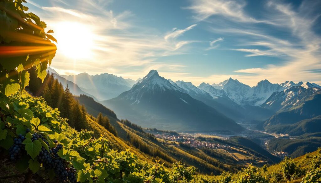 A dramatic, panoramic landscape showcasing the majestic Heida Trauben Wallis Hochlagen vineyards. In the foreground, rows of lush, verdant vines cascade down a steep, sun-dappled slope, their plump, purple-hued grapes glistening. The midground reveals a picturesque village nestled between towering, snow-capped peaks, their rugged, icy facades illuminated by warm, golden light filtering through wispy clouds. In the distant background, a magnificent mountain range rises majestically, its jagged silhouette etched against a vibrant, azure sky. The scene exudes a serene, awe-inspiring atmosphere, capturing the essence of premium, high-altitude winemaking. A dramatic, panoramic landscape showcasing the majestic Heida Trauben Wallis Hochlagen vineyards. In the foreground, rows of lush, verdant vines cascade down a steep, sun-dappled slope, their plump, purple-hued grapes glistening. The midground reveals a picturesque village nestled between towering, snow-capped peaks, their rugged, icy facades illuminated by warm, golden light filtering through wispy clouds. In the distant background, a magnificent mountain range rises majestically, its jagged silhouette etched against a vibrant, azure sky. The scene exudes a serene, awe-inspiring atmosphere, capturing the essence of premium, high-altitude winemaking.