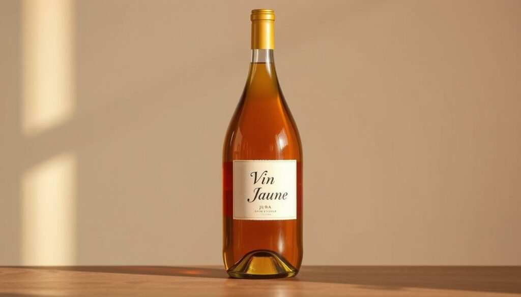 A glass bottle of Vin Jaune wine from the Jura region, sitting on a wooden table against a neutral backdrop. The bottle has a distinctive Clavelin shape with a long, slender neck and a rounded body. The bottle's label features an elegant, minimalist design with the text "Vin Jaune" prominently displayed. Warm, natural lighting casts subtle shadows, highlighting the bottle's form and the rich, amber hue of the wine within. The overall composition conveys the refined, traditional character of this signature Jura wine, reflecting the regional winemaking heritage. A glass bottle of Vin Jaune wine from the Jura region, sitting on a wooden table against a neutral backdrop. The bottle has a distinctive Clavelin shape with a long, slender neck and a rounded body. The bottle's label features an elegant, minimalist design with the text "Vin Jaune" prominently displayed. Warm, natural lighting casts subtle shadows, highlighting the bottle's form and the rich, amber hue of the wine within. The overall composition conveys the refined, traditional character of this signature Jura wine, reflecting the regional winemaking heritage.