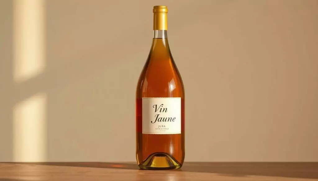 A glass bottle of Vin Jaune wine from the Jura region, sitting on a wooden table against a neutral backdrop. The bottle has a distinctive Clavelin shape with a long, slender neck and a rounded body. The bottle's label features an elegant, minimalist design with the text "Vin Jaune" prominently displayed. Warm, natural lighting casts subtle shadows, highlighting the bottle's form and the rich, amber hue of the wine within. The overall composition conveys the refined, traditional character of this signature Jura wine, reflecting the regional winemaking heritage. A glass bottle of Vin Jaune wine from the Jura region, sitting on a wooden table against a neutral backdrop. The bottle has a distinctive Clavelin shape with a long, slender neck and a rounded body. The bottle's label features an elegant, minimalist design with the text "Vin Jaune" prominently displayed. Warm, natural lighting casts subtle shadows, highlighting the bottle's form and the rich, amber hue of the wine within. The overall composition conveys the refined, traditional character of this signature Jura wine, reflecting the regional winemaking heritage.