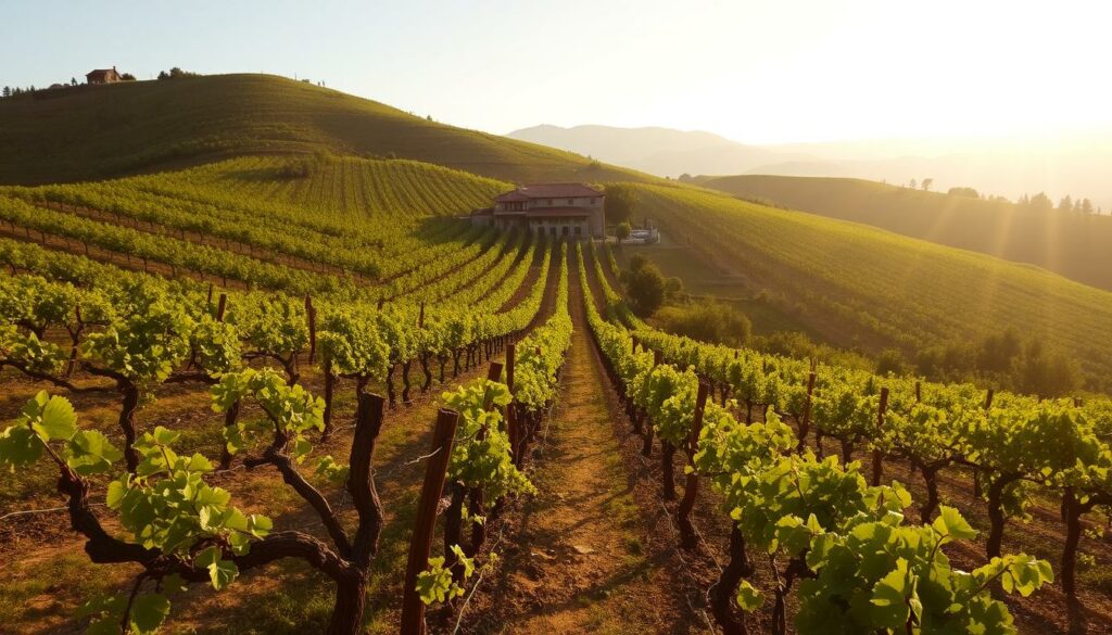 A lush Georgian vineyard in Kakheti, with rows of gnarled vines stretching across gently rolling hills. The sun casts a warm, golden glow over the scene, highlighting the rich, earthy hues of the soil and the vibrant green foliage. In the distance, a traditional Georgian winery nestles among the vines, its terracotta roof tiles reflecting the light. A sense of tranquility and timelessness permeates the landscape, evoking the centuries-old winemaking traditions of this storied region. A lush Georgian vineyard in Kakheti, with rows of gnarled vines stretching across gently rolling hills. The sun casts a warm, golden glow over the scene, highlighting the rich, earthy hues of the soil and the vibrant green foliage. In the distance, a traditional Georgian winery nestles among the vines, its terracotta roof tiles reflecting the light. A sense of tranquility and timelessness permeates the landscape, evoking the centuries-old winemaking traditions of this storied region.