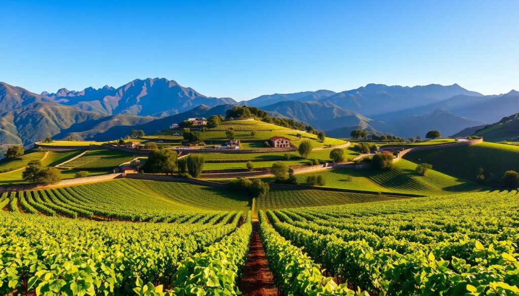 A lush, rolling landscape of verdant vineyards nestled in the Serra Gaúcha mountains of southern Brazil. In the foreground, rows of grapevines stretch out in geometric patterns, their leaves glistening under the warm, golden sunlight. In the middle ground, stone-walled terraces cascade down the gentle slopes, dotted with quaint, red-roofed buildings. The background is dominated by the majestic, blue-hued peaks of the Serra Gaúcha, their rugged slopes rising up to meet the azure sky. A serene, picturesque scene that captures the essence of Brazil's premier wine-producing region.