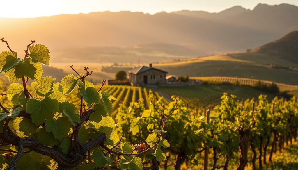 A lush, rolling landscape of vineyards nestled in a picturesque valley, bathed in the warm glow of golden hour sunlight. In the foreground, a close-up view of gnarled, weathered grapevines, their leaves and clusters of ripening grapes capturing the unique terroir of the region. The middle ground features a traditional stone winery building, its architecture blending seamlessly with the natural surroundings. In the distance, rugged mountains rise, their silhouettes casting long shadows across the scene. The overall atmosphere conveys a sense of timelessness and the deep, historical connection between the land and the winemaking process. A lush, rolling landscape of vineyards nestled in a picturesque valley, bathed in the warm glow of golden hour sunlight. In the foreground, a close-up view of gnarled, weathered grapevines, their leaves and clusters of ripening grapes capturing the unique terroir of the region. The middle ground features a traditional stone winery building, its architecture blending seamlessly with the natural surroundings. In the distance, rugged mountains rise, their silhouettes casting long shadows across the scene. The overall atmosphere conveys a sense of timelessness and the deep, historical connection between the land and the winemaking process.
