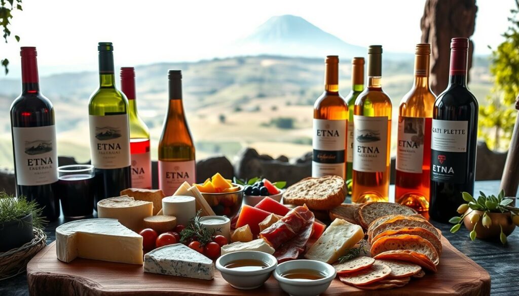 A lush, rustic table setting featuring a variety of Etna wines and local Sicilian delicacies. In the foreground, a selection of artisanal cheeses, cured meats, and fresh bread, beautifully arranged on a wooden board. Behind, a collection of Etna wine bottles in various shades of red, white, and rosé, their labels highlighting the volcanic terroir. Soft, warm lighting casts a cozy glow, while the middle ground showcases a scattering of fresh herbs and olive oil in small ceramic bowls. In the background, a glimpse of a traditional Sicilian landscape, with rolling hills, lush vineyards, and the iconic silhouette of Mount Etna rising in the distance.