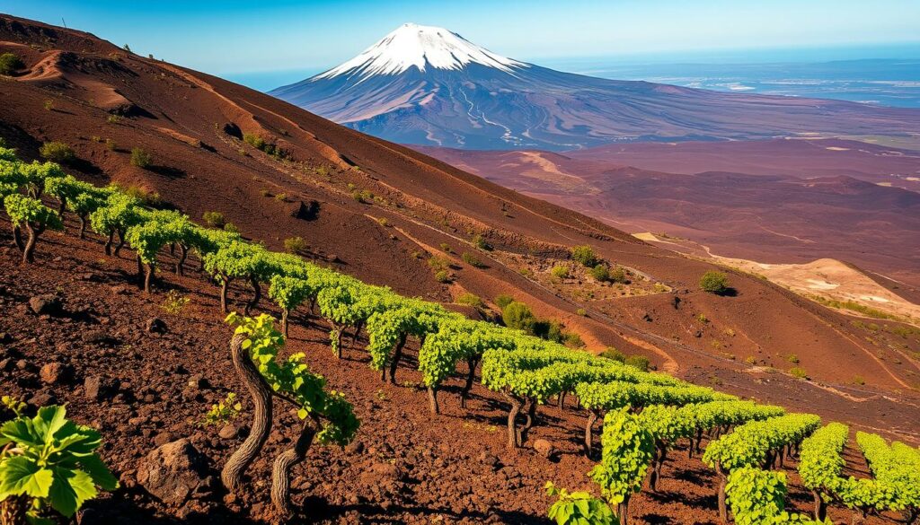 A lush, sloping landscape of Etna's renowned vineyards, nestled amidst a dramatic volcanic terrain. In the foreground, rows of grapevines cling to the rocky, sun-baked soil, their twisted trunks a testament to the resilience of life in this harsh, yet fertile environment. The middle ground reveals the imposing, snow-capped peak of Mount Etna, its slopes adorned with flowing rivers of dark, molten lava that seem to spill down towards the vineyards. The background is a panoramic vista of the rugged, scarred landscape, where the rich, earthy hues of the volcanic rock are punctuated by the vibrant greens of the vines and the brilliant blues of the Mediterranean sky. The scene is bathed in a warm, golden light, capturing the essence of this unique and captivating terroir, where the power of nature and the resilience of the human spirit have converged to produce some of the most exceptional wines in the world. A lush, sloping landscape of Etna's renowned vineyards, nestled amidst a dramatic volcanic terrain. In the foreground, rows of grapevines cling to the rocky, sun-baked soil, their twisted trunks a testament to the resilience of life in this harsh, yet fertile environment. The middle ground reveals the imposing, snow-capped peak of Mount Etna, its slopes adorned with flowing rivers of dark, molten lava that seem to spill down towards the vineyards. The background is a panoramic vista of the rugged, scarred landscape, where the rich, earthy hues of the volcanic rock are punctuated by the vibrant greens of the vines and the brilliant blues of the Mediterranean sky. The scene is bathed in a warm, golden light, capturing the essence of this unique and captivating terroir, where the power of nature and the resilience of the human spirit have converged to produce some of the most exceptional wines in the world.