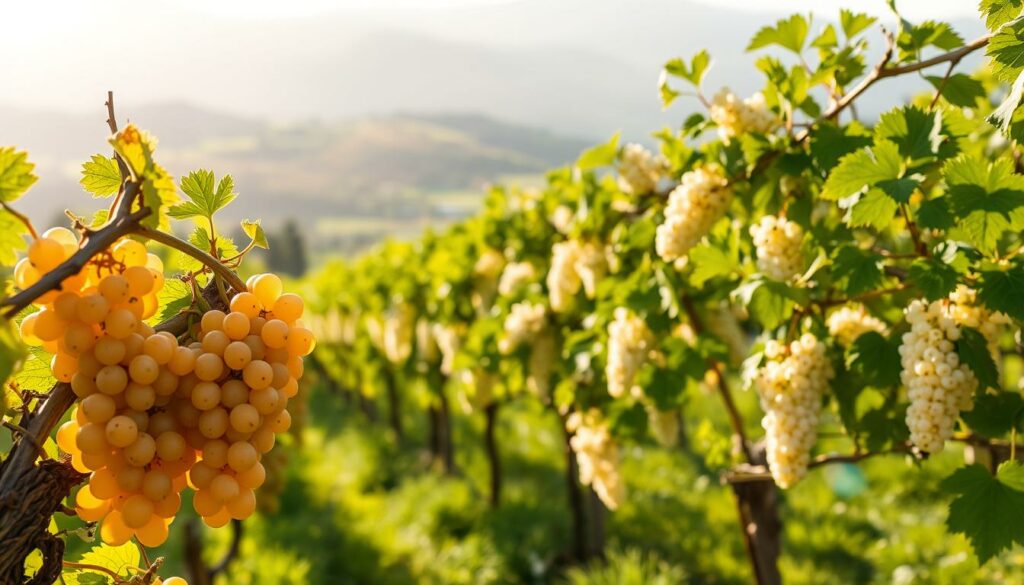A lush, sun-dappled vineyard in the heart of a picturesque French countryside, featuring the rare and distinctive grape varieties Tressallier and Terret blanc. In the foreground, clusters of plump, golden-hued Tressallier grapes cling to their vines, their delicate, iridescent skins catching the warm, golden light. In the middle ground, the slender, emerald-green leaves of the Terret blanc vines sway gently in the breeze, their ivory-white clusters of ripe fruit shimmering with a subtle, ethereal glow. The background is a soft, hazy blur of rolling hills and distant, sun-dappled forests, creating a sense of tranquility and timelessness. The overall scene evokes a feeling of quiet, rustic elegance – a hidden gem waiting to be discovered by the discerning wine enthusiast. A lush, sun-dappled vineyard in the heart of a picturesque French countryside, featuring the rare and distinctive grape varieties Tressallier and Terret blanc. In the foreground, clusters of plump, golden-hued Tressallier grapes cling to their vines, their delicate, iridescent skins catching the warm, golden light. In the middle ground, the slender, emerald-green leaves of the Terret blanc vines sway gently in the breeze, their ivory-white clusters of ripe fruit shimmering with a subtle, ethereal glow. The background is a soft, hazy blur of rolling hills and distant, sun-dappled forests, creating a sense of tranquility and timelessness. The overall scene evokes a feeling of quiet, rustic elegance – a hidden gem waiting to be discovered by the discerning wine enthusiast.