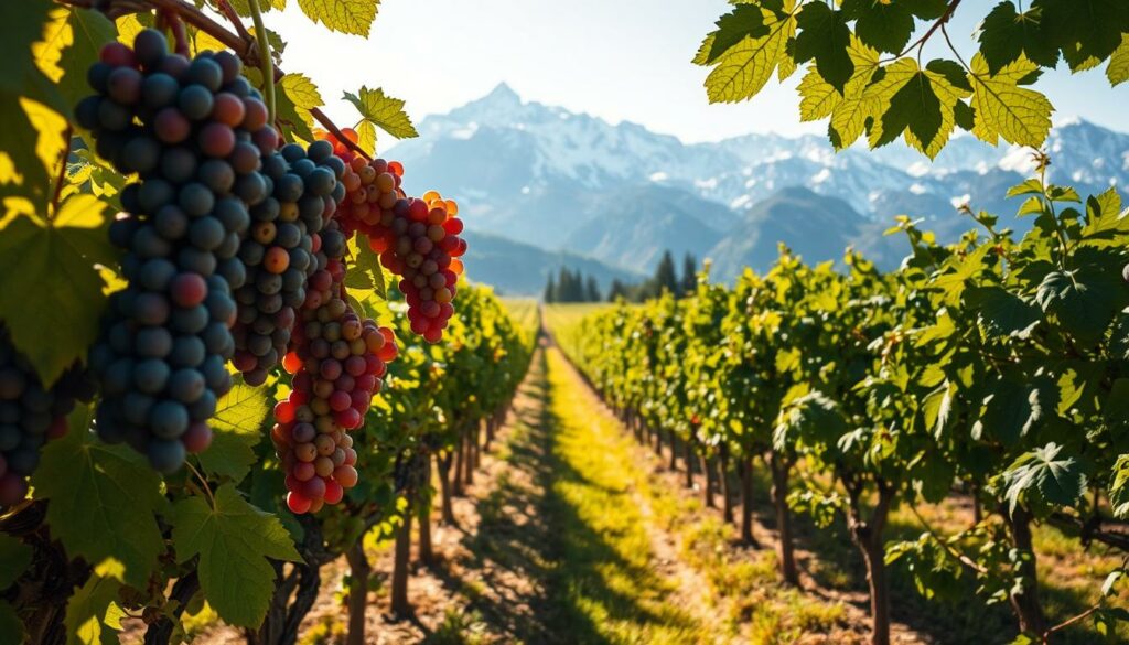 A lush, sun-dappled vineyard nestled in the Savoie Alps, showcasing the region's characteristic grape varietals. In the foreground, clusters of ripe Altesse and Mondeuse grapes hang heavy on the vines, their colors ranging from deep purple to golden amber. The middle ground reveals rows of well-tended Jacquère and Roussette vines, their leaves casting delicate shadows across the fertile soil. In the background, the snowcapped peaks of the Savoie mountains rise majestically, their grandeur providing a breathtaking backdrop to this idyllic wine-growing landscape. Soft, warm lighting filters through the scene, casting a golden glow and accentuating the natural beauty of these distinctive Savoie grape varietals.