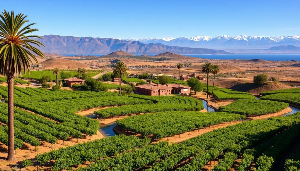 A lush, sun-drenched landscape nestled between the rugged Andes mountains and the vast Pacific Ocean. In the foreground, verdant vineyards stretch across gently rolling hills, their rows of trellised vines casting intricate shadows. Towering palm trees sway in the warm breeze, flanking meandering streams that glimmer with crystalline waters. The middle ground features clusters of traditional adobe houses, their ochre facades complementing the earthy tones of the terrain. In the distance, the horizon is dominated by the majestic silhouettes of snow-capped peaks, creating a breathtaking contrast with the arid desert vistas. The scene is bathed in a warm, golden light, evoking a sense of timeless tranquility and the rich, storied heritage of Peru's Ica wine region. A lush, sun-drenched landscape nestled between the rugged Andes mountains and the vast Pacific Ocean. In the foreground, verdant vineyards stretch across gently rolling hills, their rows of trellised vines casting intricate shadows. Towering palm trees sway in the warm breeze, flanking meandering streams that glimmer with crystalline waters. The middle ground features clusters of traditional adobe houses, their ochre facades complementing the earthy tones of the terrain. In the distance, the horizon is dominated by the majestic silhouettes of snow-capped peaks, creating a breathtaking contrast with the arid desert vistas. The scene is bathed in a warm, golden light, evoking a sense of timeless tranquility and the rich, storied heritage of Peru's Ica wine region.