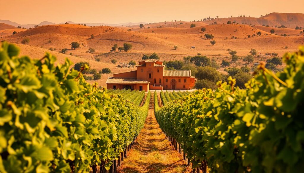 A lush, sun-drenched vineyard in the Valle de Guadalupe region of Mexico, with rows of vibrant grape vines in the foreground, their leaves rustling in a gentle breeze. In the middle ground, a traditional adobe-style winery stands, its warm ochre walls and terracotta roof tiles reflecting the region's rich cultural heritage. The background features rolling hills, dotted with scattered oak trees, creating a picturesque landscape that evokes the essence of this renowned winemaking area. The scene is bathed in a warm, golden light, evoking a sense of tranquility and abundance. The overall atmosphere conveys the pride and craftsmanship of the local winemakers who cultivate the "Rebsorten" (grape varieties) that make this region's wines so distinctive. A lush, sun-drenched vineyard in the Valle de Guadalupe region of Mexico, with rows of vibrant grape vines in the foreground, their leaves rustling in a gentle breeze. In the middle ground, a traditional adobe-style winery stands, its warm ochre walls and terracotta roof tiles reflecting the region's rich cultural heritage. The background features rolling hills, dotted with scattered oak trees, creating a picturesque landscape that evokes the essence of this renowned winemaking area. The scene is bathed in a warm, golden light, evoking a sense of tranquility and abundance. The overall atmosphere conveys the pride and craftsmanship of the local winemakers who cultivate the "Rebsorten" (grape varieties) that make this region's wines so distinctive.