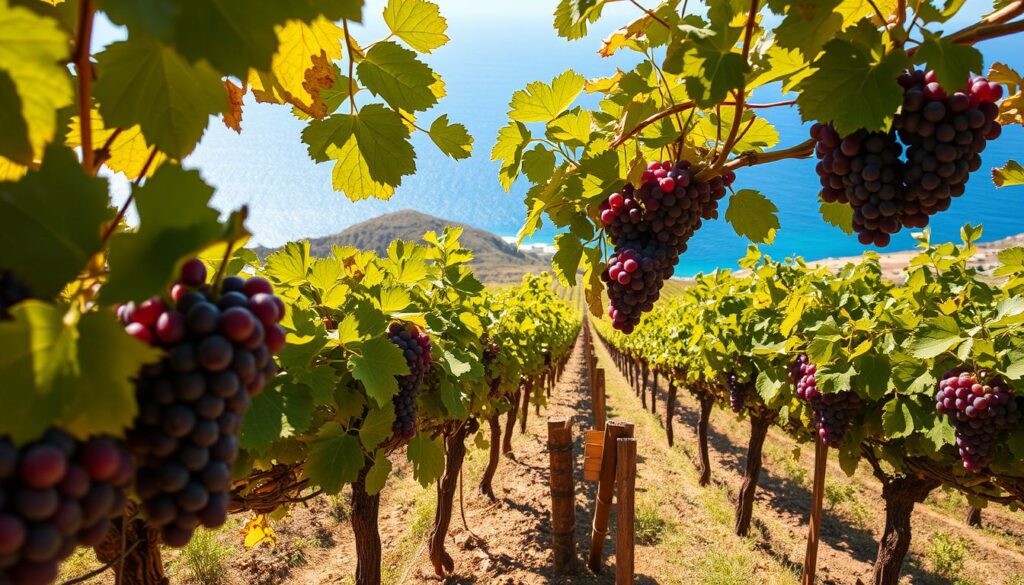 A lush, sun-drenched vineyard nestled on the steep slopes of Gran Canaria and Teneriffa, the Canary Islands. Rows of vibrant, verdant grapevines stretch towards the horizon, their leaves glistening in the warm, golden light. In the foreground, clusters of ripe, juicy grapes in shades of deep purple and crimson hang heavy, ready to be harvested for the region's renowned wines. The distant, rugged coastline frames the scene, the vast, azure Atlantic Ocean sparkling in the distance. A sense of tranquility and timelessness pervades the image, capturing the essence of the Canary Islands' unique winemaking heritage. A lush, sun-drenched vineyard nestled on the steep slopes of Gran Canaria and Teneriffa, the Canary Islands. Rows of vibrant, verdant grapevines stretch towards the horizon, their leaves glistening in the warm, golden light. In the foreground, clusters of ripe, juicy grapes in shades of deep purple and crimson hang heavy, ready to be harvested for the region's renowned wines. The distant, rugged coastline frames the scene, the vast, azure Atlantic Ocean sparkling in the distance. A sense of tranquility and timelessness pervades the image, capturing the essence of the Canary Islands' unique winemaking heritage.