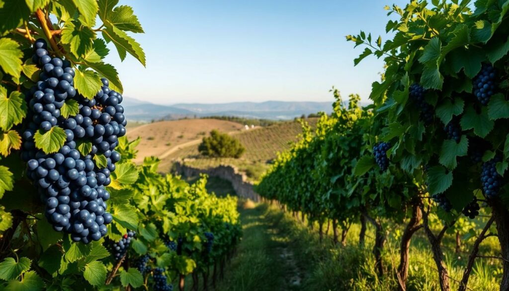 A lush, verdant Italian vineyard nestled in the rolling hills, bathed in the warm glow of the Mediterranean sun. In the foreground, the distinctive clusters of Centesimino grapes, their deep indigo hues reflecting the rich, ancient terroir. Beside them, the bold, vibrant foliage of the Longanesi vines, their leaves rustling gently in the soft breeze. In the middle ground, a weathered stone wall winds through the scene, a testament to the region's storied winemaking history. Beyond, the hazy silhouettes of distant mountains rise against a cerulean sky, evoking a sense of timeless, untamed beauty. The scene exudes a sense of quiet, contemplative serenity, inviting the viewer to discover the unique, captivating character of these rare, indigenous Italian grape varieties. A lush, verdant Italian vineyard nestled in the rolling hills, bathed in the warm glow of the Mediterranean sun. In the foreground, the distinctive clusters of Centesimino grapes, their deep indigo hues reflecting the rich, ancient terroir. Beside them, the bold, vibrant foliage of the Longanesi vines, their leaves rustling gently in the soft breeze. In the middle ground, a weathered stone wall winds through the scene, a testament to the region's storied winemaking history. Beyond, the hazy silhouettes of distant mountains rise against a cerulean sky, evoking a sense of timeless, untamed beauty. The scene exudes a sense of quiet, contemplative serenity, inviting the viewer to discover the unique, captivating character of these rare, indigenous Italian grape varieties.