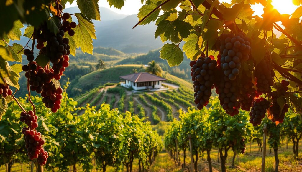 A lush, verdant Thai hillside overlooking a picturesque vineyard. In the foreground, clusters of ripe, vibrant grapes hang from well-tended vines, their leaves casting dappled shadows. In the middle ground, a traditional Thai-style winery with a tiled roof and whitewashed walls stands surrounded by terrace-farmed rows of grape plants. The background features rolling, forested hills bathed in the warm, golden glow of a tropical sunset. A sense of tranquility and harmony pervades the scene, showcasing the unique blend of Thai culture and winemaking expertise.
