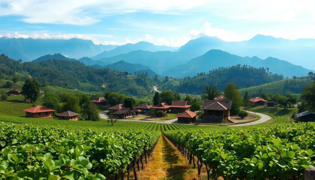 A lush, verdant landscape in the heart of the Thai highlands, where pioneering winemakers have carved out a thriving industry amidst the rolling hills and mist-shrouded valleys. In the foreground, rows of carefully tended vines stretch out, their leaves glistening in the warm, tropical sun. Scattered throughout the scene are rustic, charming winery buildings, their weathered facades and tiled roofs blending seamlessly into the natural surroundings. In the middle ground, a winding road leads the eye deeper into the picturesque countryside, past small villages and family-owned vineyards. The background is dominated by towering, mist-capped mountains, their peaks reaching towards the azure sky, creating a sense of awe and tranquility. The overall mood is one of harmony and balance, where traditional winemaking techniques and modern innovation have come together to produce a truly unique and captivating tableau.
