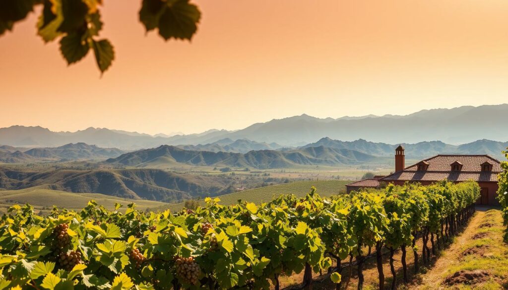A lush, verdant landscape of rolling hills and rugged Andean peaks serves as the backdrop for the sprawling vineyards of Bolivia's wine country. In the foreground, rows of gnarled vines stretch as far as the eye can see, their vibrant leaves and clusters of ripe grapes basking in the warm, golden sunlight. The scene is punctuated by the presence of traditional hacienda-style buildings, their adobe walls and tile roofs blending seamlessly with the natural surroundings. A gentle breeze rustles the foliage, creating a serene and tranquil atmosphere that evokes the timeless essence of these high-altitude wine estates. The image is captured through the lens of a wide-angle camera, revealing the grand scale and breathtaking vistas that define the wine regions of this remarkable South American nation.