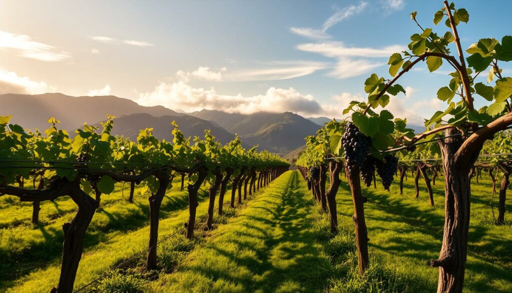 A lush, verdant vineyard stretches out before the viewer, the rolling hills of Madeira's rugged terrain providing a stunning backdrop. In the foreground, rows of gnarled, ancient vines stand tall, their twisted trunks and vibrant green leaves casting soft shadows across the well-tended soil. The mid-ground is dominated by clusters of plump, ripe grapes in shades of deep purple and amber, hinting at the rich, complex flavors of the island's renowned dry wines. Warm, golden sunlight filters through wispy clouds, creating a serene, contemplative atmosphere. The scene is captured through the lens of a high-quality DSLR camera, the depth of field drawing the viewer's eye to the detailed textures and colors of the grape varietals that define the Madeira wine experience.