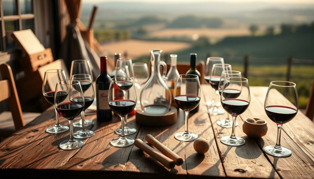 A meticulously arranged wine tasting setup on a rustic wooden table, with an array of wine glasses, a decanter, and a variety of wine-related accessories. The scene is bathed in warm, natural lighting, casting a cozy, inviting ambiance. In the background, a subtle, blurred landscape suggests a serene, countryside setting. The focus is on the tasting experience, with every element carefully positioned to create a harmonious, immersive atmosphere for evaluating the complexities and nuances of the wines. A meticulously arranged wine tasting setup on a rustic wooden table, with an array of wine glasses, a decanter, and a variety of wine-related accessories. The scene is bathed in warm, natural lighting, casting a cozy, inviting ambiance. In the background, a subtle, blurred landscape suggests a serene, countryside setting. The focus is on the tasting experience, with every element carefully positioned to create a harmonious, immersive atmosphere for evaluating the complexities and nuances of the wines.