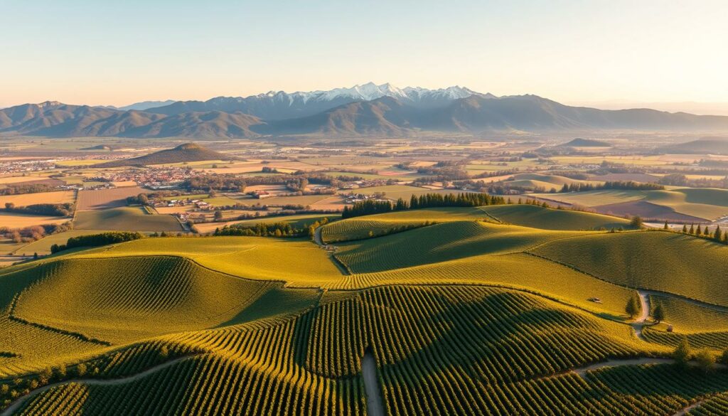 A panoramic aerial view of the Jura wine regions and appellations, captured with a wide-angle lens. In the foreground, the gently rolling hills are blanketed with neatly organized vineyards, their geometric patterns creating a captivating visual tapestry. The middle ground reveals the patchwork of distinct wine appellations, each with its own unique terroir and microclimate. In the background, the rugged Jura mountains rise majestically, their peaks dusted with a hint of snow, creating a stunning natural backdrop. The scene is bathed in warm, golden light, casting a serene and inviting atmosphere, hinting at the exceptional quality and character of the wines produced in this renowned viticultural region. A panoramic aerial view of the Jura wine regions and appellations, captured with a wide-angle lens. In the foreground, the gently rolling hills are blanketed with neatly organized vineyards, their geometric patterns creating a captivating visual tapestry. The middle ground reveals the patchwork of distinct wine appellations, each with its own unique terroir and microclimate. In the background, the rugged Jura mountains rise majestically, their peaks dusted with a hint of snow, creating a stunning natural backdrop. The scene is bathed in warm, golden light, casting a serene and inviting atmosphere, hinting at the exceptional quality and character of the wines produced in this renowned viticultural region.