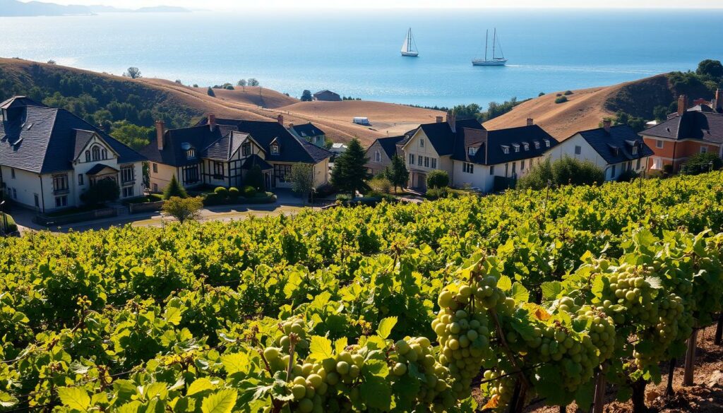 A picturesque seaside town in Shandong, China, where the influence of German settlers is felt in the architecture and winemaking traditions. Stately manor houses stand amidst rolling hills, their slate roofs and half-timbered facades reflecting the region's Teutonic heritage. In the foreground, a sun-dappled vineyard stretches toward the sparkling blue waters of the Yellow Sea, its vines heavy with plump, ripe grapes. In the distance, sailboats glide across the horizon, their masts catching the golden light. The scene evokes a harmonious blend of Eastern and Western cultures, a testament to Shandong's unique history and the enduring legacy of its German-influenced wine country. A picturesque seaside town in Shandong, China, where the influence of German settlers is felt in the architecture and winemaking traditions. Stately manor houses stand amidst rolling hills, their slate roofs and half-timbered facades reflecting the region's Teutonic heritage. In the foreground, a sun-dappled vineyard stretches toward the sparkling blue waters of the Yellow Sea, its vines heavy with plump, ripe grapes. In the distance, sailboats glide across the horizon, their masts catching the golden light. The scene evokes a harmonious blend of Eastern and Western cultures, a testament to Shandong's unique history and the enduring legacy of its German-influenced wine country.