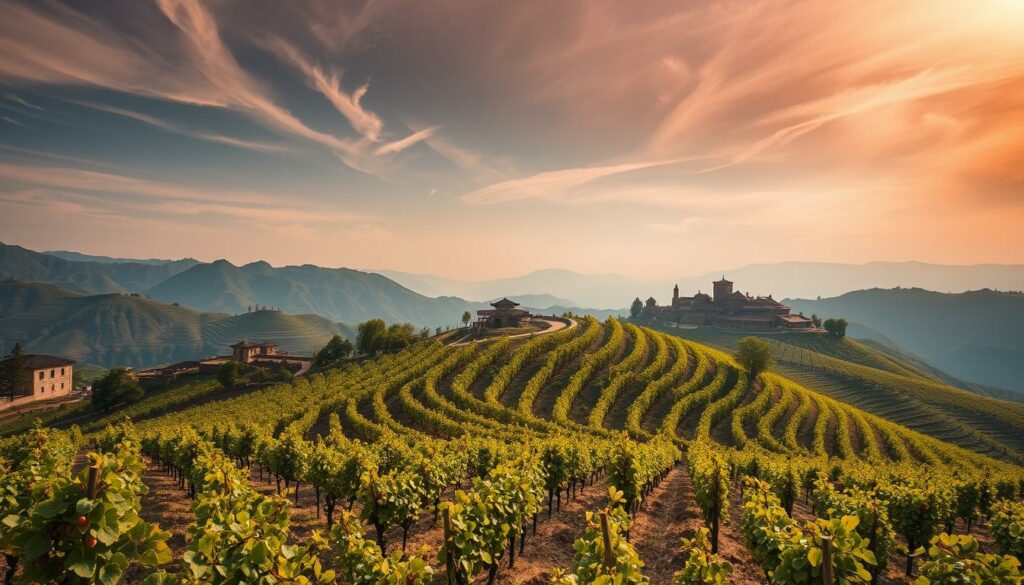 A picturesque vista of the Shaanxi Weinregion, nestled amidst rolling hills and rugged terrain. Rows of grapevines stretch across a patchwork of terraced vineyards, their lush foliage and ripe clusters of grapes illuminated by warm, golden sunlight filtering through wispy clouds. In the distance, ancient stone structures and traditional architecture dot the landscape, hinting at the region's rich history and winemaking heritage. The scene exudes a sense of tranquility and timelessness, inviting the viewer to immerse themselves in the unique terroir and character of this hidden gem of Chinese viticulture. A picturesque vista of the Shaanxi Weinregion, nestled amidst rolling hills and rugged terrain. Rows of grapevines stretch across a patchwork of terraced vineyards, their lush foliage and ripe clusters of grapes illuminated by warm, golden sunlight filtering through wispy clouds. In the distance, ancient stone structures and traditional architecture dot the landscape, hinting at the region's rich history and winemaking heritage. The scene exudes a sense of tranquility and timelessness, inviting the viewer to immerse themselves in the unique terroir and character of this hidden gem of Chinese viticulture.