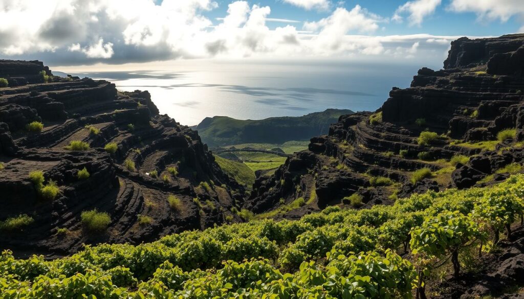 A rugged landscape of volcanic rock walls, sculpted by the elements into a patchwork of terraces where gnarled vines cling to the unforgiving terrain. Sunlight filters through wispy clouds, casting dramatic shadows that highlight the intricate textures of the lava stone. In the foreground, a serene vista of lush, undulating vineyards, their verdant foliage a vibrant contrast to the charcoal hues of the surrounding cliffs. Beyond, the vast expanse of the Atlantic Ocean glimmers in the distance, a constant reminder of the Azores' remote, isolated location. The scene exudes a sense of hardy resilience, a testament to the unyielding spirit of the winemakers who coax exceptional vintages from this otherworldly, volcanic landscape.