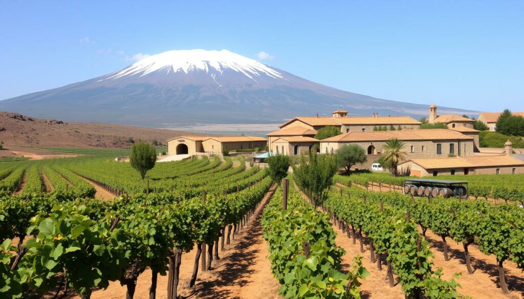 A sprawling winery nestled amidst the rugged, volcanic terrain of Mount Etna, Sicily. In the foreground, rows of grapevines stretch across the sun-drenched slopes, their lush foliage rustling in the gentle breeze. The winery's stone buildings, adorned with terracotta roofs, stand as a testament to the region's rich winemaking heritage. Towering above, the majestic outline of Mount Etna looms, its snow-capped peak a dramatic backdrop to the scene. Inside the winery, oak barrels line the cavernous cellars, where the prized Etna wines undergo their slow, meticulous maturation, absorbing the unique flavors and aromas of the volcanic terroir. A serene, harmonious interplay of nature, tradition, and human craftsmanship, capturing the essence of Etna's renowned winemaking.