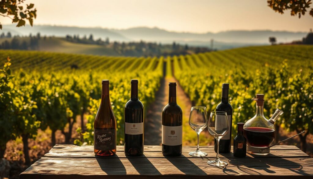 A sun-dappled vineyard in an exotic, far-flung land, with lush, verdant vines stretching across undulating hills. In the foreground, a selection of rare, artisanal wine bottles, each with a unique shape and label, stand as a testament to the diversity of the terroir. The middle ground reveals a rustic, weathered wooden table, adorned with a scattering of wine glasses and a carafe, hinting at the refined tasting experience to come. The background features a distant, hazy mountain range, creating a sense of depth and mystery. The lighting is soft and warm, casting a golden glow over the scene and evoking a feeling of tranquility and sophistication. Captured with a wide-angle lens to emphasize the expansive, panoramic nature of the setting. A sun-dappled vineyard in an exotic, far-flung land, with lush, verdant vines stretching across undulating hills. In the foreground, a selection of rare, artisanal wine bottles, each with a unique shape and label, stand as a testament to the diversity of the terroir. The middle ground reveals a rustic, weathered wooden table, adorned with a scattering of wine glasses and a carafe, hinting at the refined tasting experience to come. The background features a distant, hazy mountain range, creating a sense of depth and mystery. The lighting is soft and warm, casting a golden glow over the scene and evoking a feeling of tranquility and sophistication. Captured with a wide-angle lens to emphasize the expansive, panoramic nature of the setting.