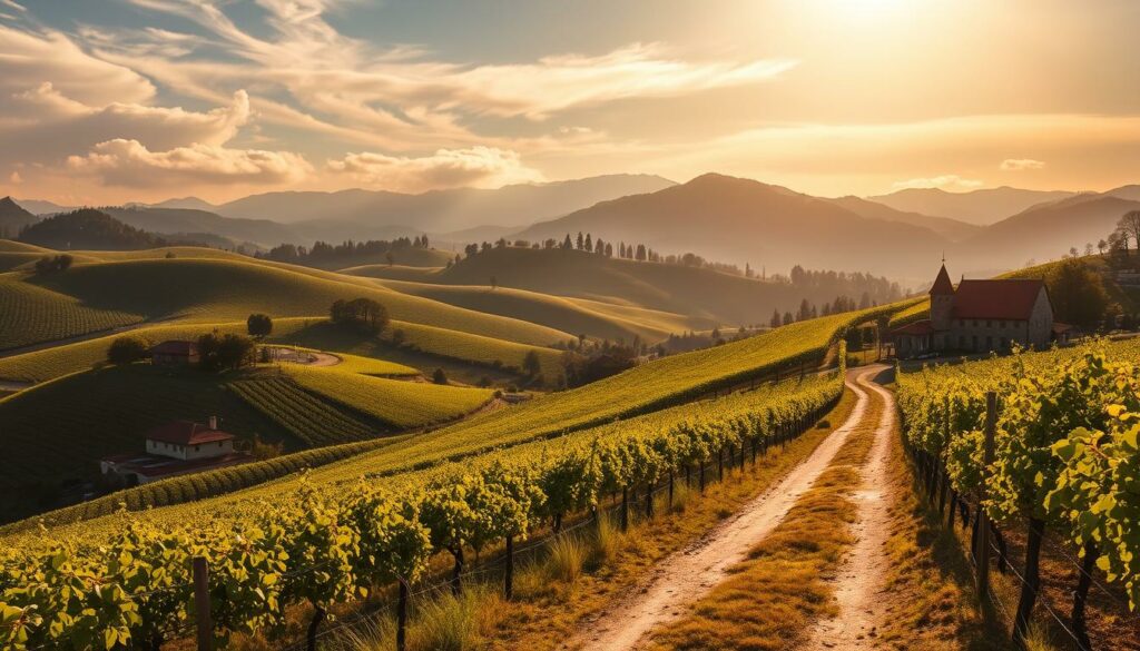 A sun-drenched, rolling landscape of gently sloping vineyards, dotted with traditional red-roofed wineries nestled among the weathered volcanic hills of Tokaj, Hungary. The warm, golden light filters through wispy clouds, casting soft shadows across the verdant vines and stone buildings. In the foreground, a winding dirt path leads the viewer through the heart of this historic wine region, inviting exploration of its renowned sweet Tokaji Aszú and elegant dry white wines. The background features the distinct silhouettes of the Zemplen Mountains, their peaks capped with a dusting of snow, providing a dramatic backdrop to this serene, picturesque scene of Hungary's renowned Tokaj wine country. A sun-drenched, rolling landscape of gently sloping vineyards, dotted with traditional red-roofed wineries nestled among the weathered volcanic hills of Tokaj, Hungary. The warm, golden light filters through wispy clouds, casting soft shadows across the verdant vines and stone buildings. In the foreground, a winding dirt path leads the viewer through the heart of this historic wine region, inviting exploration of its renowned sweet Tokaji Aszú and elegant dry white wines. The background features the distinct silhouettes of the Zemplen Mountains, their peaks capped with a dusting of snow, providing a dramatic backdrop to this serene, picturesque scene of Hungary's renowned Tokaj wine country.