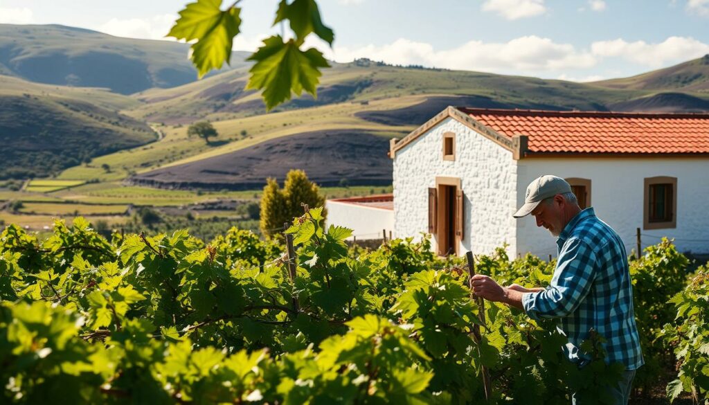 A sun-drenched traditional winery nestled amidst the verdant hills of the Azores. In the foreground, a winemaker carefully tends to the grape vines, their weathered hands expertly pruning and tending to the lush foliage. The middle ground reveals the iconic white-washed stone building, its red-tiled roof reflecting the warm light. In the background, a rolling landscape of volcanic soil and ancient lava flows, hinting at the unique terroir that gives these Atlantic wines their distinct character. The scene is suffused with a sense of timeless tradition and artisanal craftsmanship, capturing the essence of Azorean winemaking.