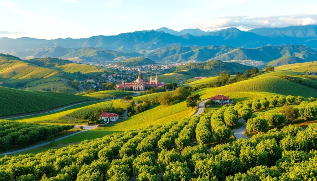 A sweeping panoramic landscape of the Serra Gaúcha region in southern Brazil. In the foreground, rolling hills blanketed in lush, verdant vineyards, their vines heavy with plump, glistening grapes. Winding roads snake through the valleys, lined with charming colonial-style cottages and rustic wineries. The middle ground features a quaint town nestled between the hills, its tile-roofed buildings and church steeples casting warm, golden shadows. In the distance, the rugged, forested peaks of the Serra Gaúcha mountains rise majestically, their summits capped with wispy clouds. The scene is bathed in a warm, diffuse light, creating a serene and inviting atmosphere that captures the essence of this picturesque wine-producing region.