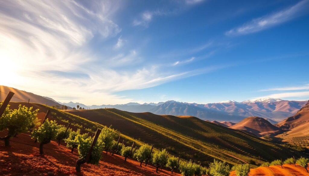 A sweeping vista of Bolivia's high-altitude vineyards, nestled amidst the majestic Andes mountains. Verdant terraced slopes bask in the warm, golden sunlight, casting long shadows across the rich, reddish-brown soil. Gnarled, old vines cling tenaciously to the steep inclines, their grapes swelling with the intense, concentrated flavors of this unique terroir. Wispy clouds drift lazily overhead, while in the distance, the jagged peaks of snow-capped mountains pierce the azure sky. The air is crisp, yet fragrant with the earthy, fruity aromas of the ripening grapes. A sense of timelessness and connection to the land pervades this breathtaking, high-altitude wine region.